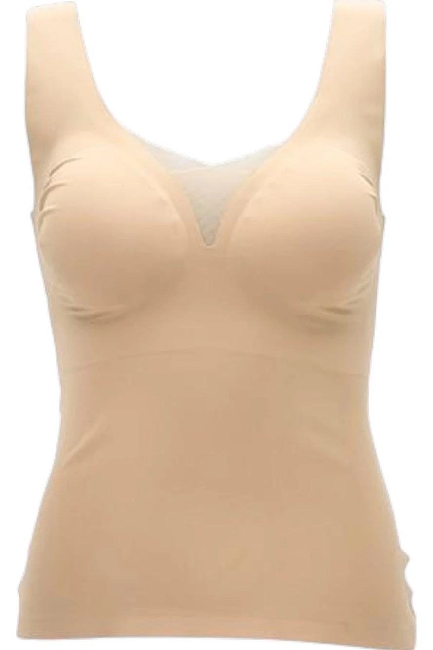 Rhonda Shear Women's Butterknit Tank w Lace Inset Removable Pads Beige - Regular